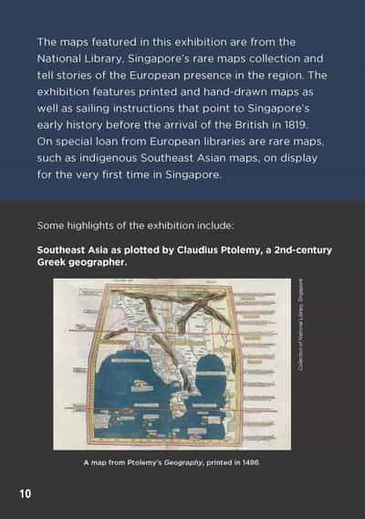 The text mentions that the maps that are on display are from the National Library of Singapore's Rare Collection, along with special loans from European libraries. The map featured on this page is: Southeast Asia as plotted by Claudius Ptolemy, a 2nd-century Greek geographer.