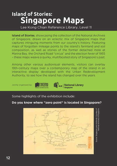 The introductory page for Island of Stories: Singapore Maps, describing its theme. A Singapore map from the Singapore Land Authority is also featured.