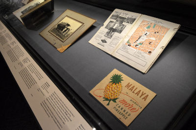 A showcase featuring a black and white photo, map booklet, and an old pineapple advertisment.