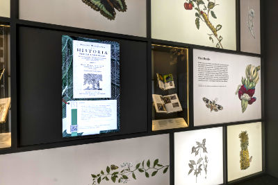 A photo featuring a wall from the lobby exhibition, with books in a wall showcase and a display featuring digitised images from books.