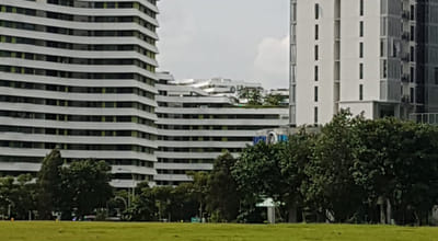 A photo of a Punggol HDB in the distance. The photo angle makes it look like it's collapsed.