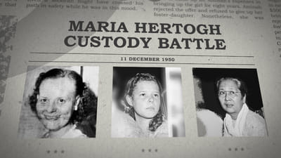 A newspaper mockup with the title: Maria Hertogh Custody Battle. Three portrait photographs of 2 women and a young girl are below the title.