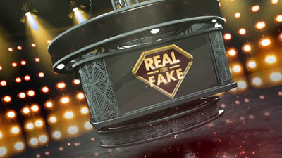 A game show mockup, with bright lights and a big screen in the middle. The screen shows the title: Real of Fake?
