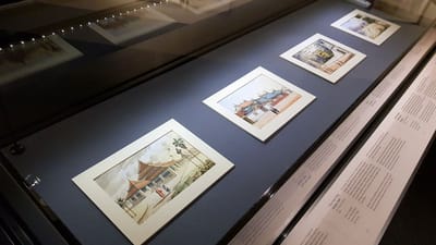 A close-up of various watercolour sketches featuring Singapore landmarks in 1800s.