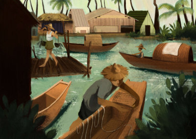 A digital illustration of a fishing village at Kangkar, showing fishermen with their boats in the water and thatched houses along the coast in the background.