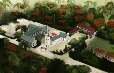A digital illustration showing an aerial view of Montfort School and the Church of the Nativity of the Blessed Virgin Mary.