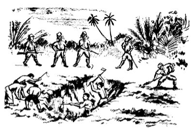 A black and white sketch of five shirtless Chinese men digging a large grave for themselves in a clearing while five Japanese soldiers look on.