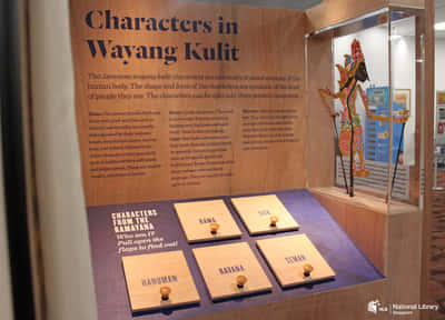 A roving exhibition wall titled: Characters in Wayang Kulit. Like the Chinese Opera section, it also features 4 wooden panels below it about different character types. A wooden puppet on stilts is hung on the right of the wall