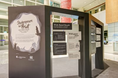 A photo of the lobby display. The introduction wall is on the left, while cut-out cards of explanations hang from wires in holes within the walls.