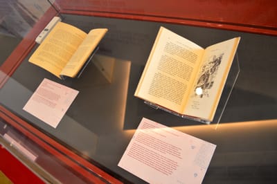 A photo close-up of the opened books within the showcase. There is a black and white illustration of swordfishes on one of the pages.